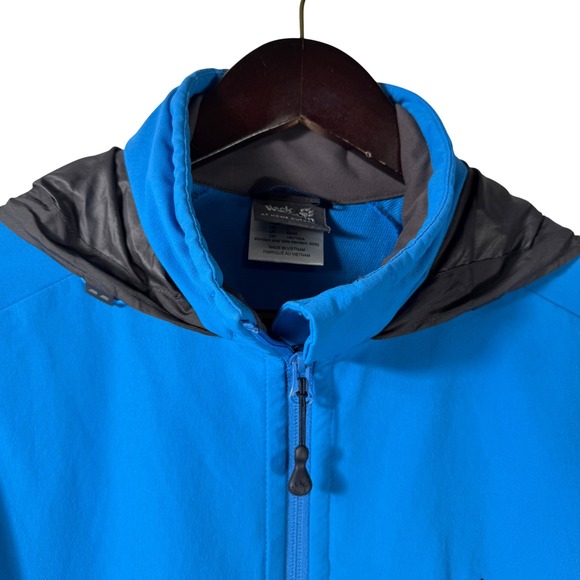 Jack Wolfskin Flex Shield Softshell Jacket Mens L Blue Stormlock Full Zip Hooded - Picture 2 of 16